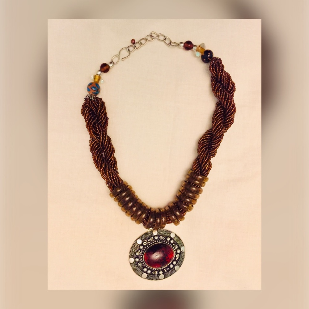 Brown Rope Choker Necklace with Silver Pendant